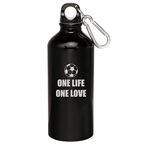 20oz Aluminum Sports Water Bottle Caribiner Clip One Life Soccer (Black)