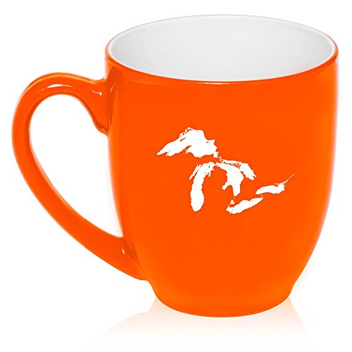 16 oz Large Bistro Mug Ceramic Coffee Tea Glass Cup Great Lakes Michigan (Orange)