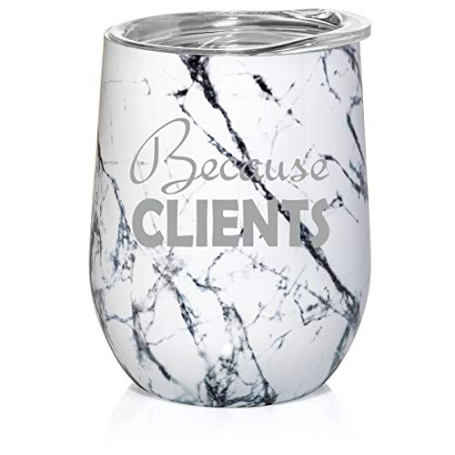 12 oz Double Wall Vacuum Insulated Stainless Steel Marble Stemless Wine Tumbler Glass Coffee Travel Mug With Lid Because Clients (Black White Marble)