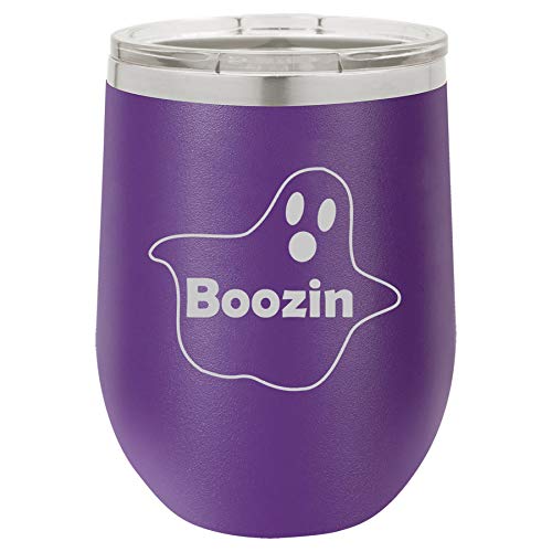 12 oz Double Wall Vacuum Insulated Stainless Steel Stemless Wine Tumbler Glass Coffee Travel Mug With Lid Boozin Ghost Funny Halloween (Purple)