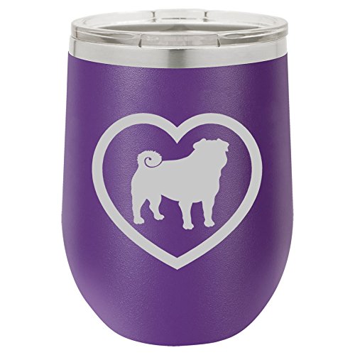 12 oz Double Wall Vacuum Insulated Stainless Steel Stemless Wine Tumbler Glass Coffee Travel Mug With Lid Pug Heart (Purple)