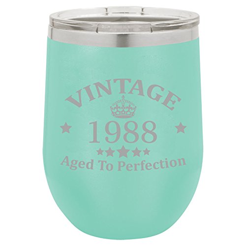 12 oz Double Wall Vacuum Insulated Stainless Steel Stemless Wine Tumbler Glass Coffee Travel Mug With Lid Vintage Aged To Perfection 1988 Birthday 30th Birthday (Teal)