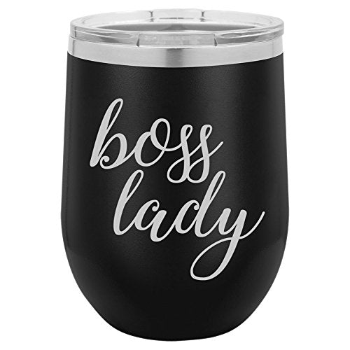 12 oz Double Wall Vacuum Insulated Stainless Steel Stemless Wine Tumbler Glass Coffee Travel Mug With Lid Boss Lady (Black)