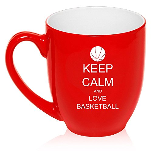 16 oz Large Bistro Mug Ceramic Coffee Tea Glass Cup Keep Calm and Love Basketball (Red)