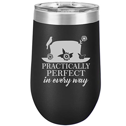 16 oz Double Wall Vacuum Insulated Stainless Steel Stemless Wine Tumbler Glass Coffee Travel Mug With Lid Practically Perfect In Every Way (Black)