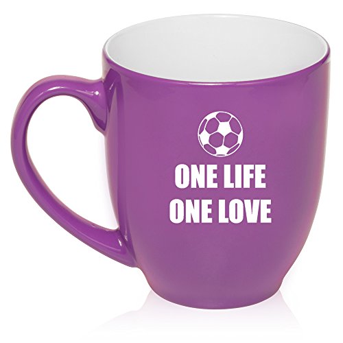 16 oz Large Bistro Mug Ceramic Coffee Tea Glass Cup One Life One Love Soccer (Purple)