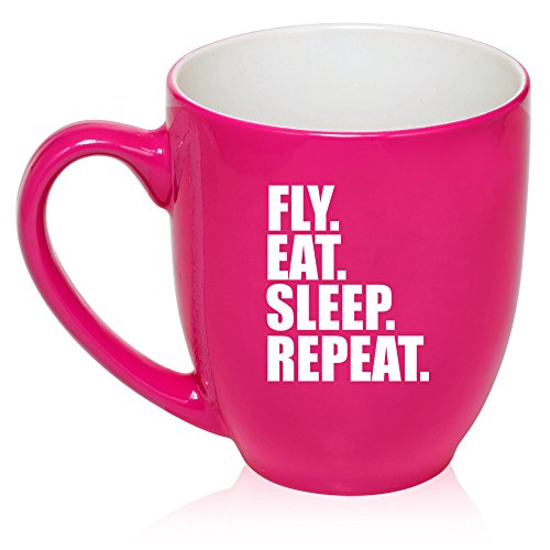 16 oz Large Bistro Mug Ceramic Coffee Tea Glass Cup Fly Eat Sleep Repeat (Hot Pink)
