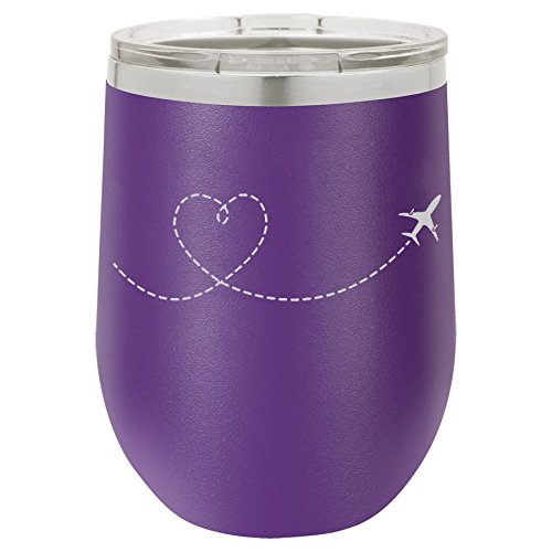 12 oz Double Wall Vacuum Insulated Stainless Steel Stemless Wine Tumbler Glass Coffee Travel Mug With Lid Heart Love Travel Airplane (Purple)