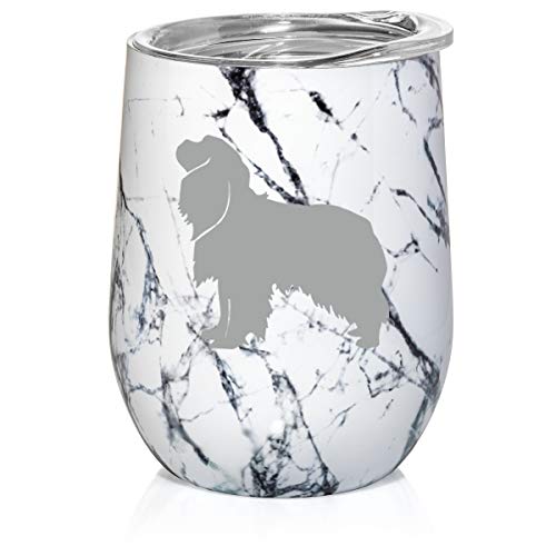 12 oz Double Wall Vacuum Insulated Stainless Steel Marble Stemless Wine Tumbler Glass Coffee Travel Mug With Lid Cavalier King Charles Spaniel (Black White Marble)