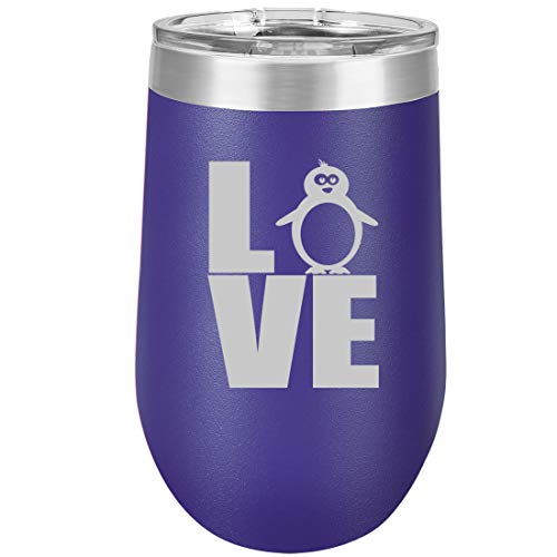 16 oz Double Wall Vacuum Insulated Stainless Steel Stemless Wine Tumbler Glass Coffee Travel Mug With Lid LOVE Penguin (Purple)