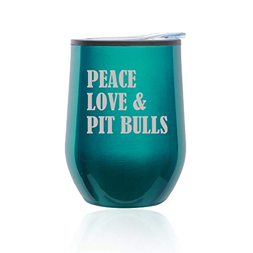 Stemless Wine Tumbler Coffee Travel Mug Glass With Lid Peace Love & Pit Bulls (Turquoise Teal)