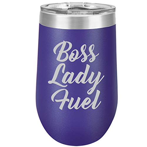 16 oz Double Wall Vacuum Insulated Stainless Steel Stemless Wine Tumbler Glass Coffee Travel Mug With Lid Boss Lady Fuel (Purple)