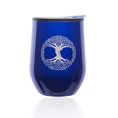 Stemless Wine Tumbler Coffee Travel Mug Glass With Lid Celtic Tree Of Life Irish (Blue)