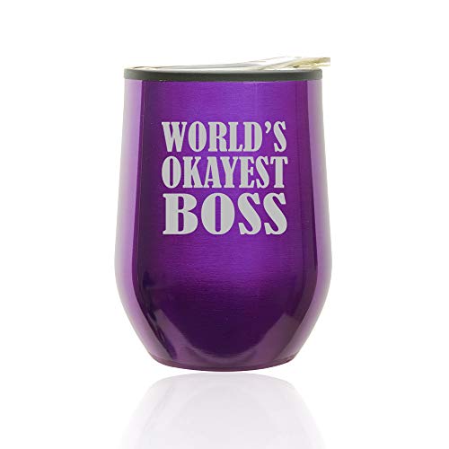 Stemless Wine Tumbler Coffee Travel Mug Glass With Lid World's Okayest Boss (Royal Purple)