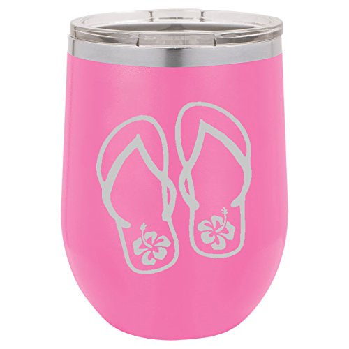 12 oz Double Wall Vacuum Insulated Stainless Steel Stemless Wine Tumbler Glass Coffee Travel Mug With Lid Flip Flops With Hibiscus (Hot-Pink)