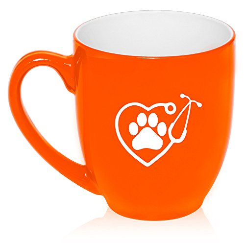 16 oz Large Bistro Mug Ceramic Coffee Tea Glass Cup Heart Stethoscope Vet Tech Veterinarian (Orange)