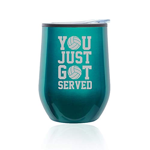Stemless Wine Tumbler Coffee Travel Mug Glass With Lid You Just Got Served Volleyball (Turquoise Teal)