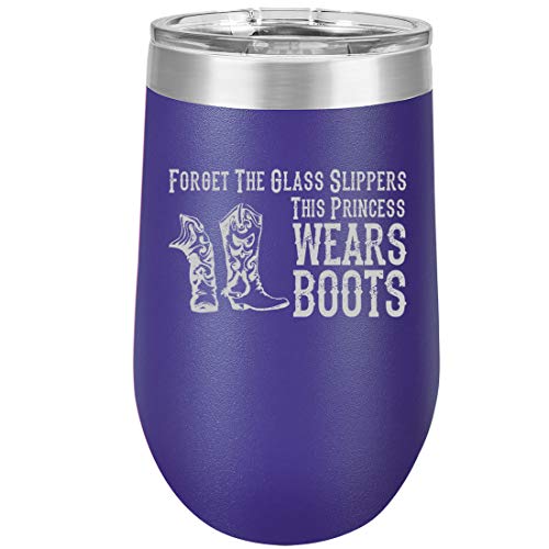 16 oz Double Wall Vacuum Insulated Stainless Steel Stemless Wine Tumbler Glass Coffee Travel Mug With Lid Princess Wears Boots Cowgirl (Purple)