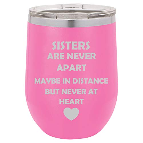 12 oz Double Wall Vacuum Insulated Stainless Steel Stemless Wine Tumbler Glass Coffee Travel Mug With Lid Sisters Long Distance Love (Hot-Pink)