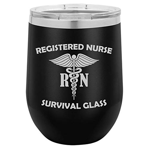 12 oz Double Wall Vacuum Insulated Stainless Steel Stemless Wine Tumbler Glass Coffee Travel Mug With Lid Registered Nurse RN Survival Glass Funny (Black)