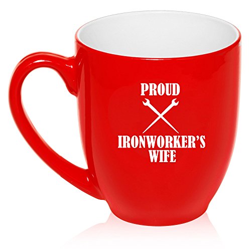 16 oz Large Bistro Mug Ceramic Coffee Tea Glass Cup Proud Iron Worker's Wife (Red)