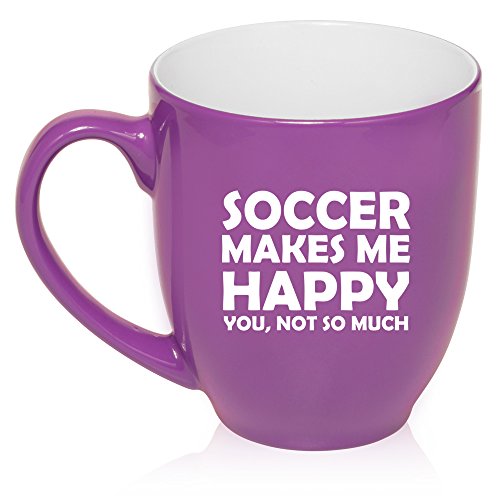16 oz Large Bistro Mug Ceramic Coffee Tea Glass Cup Funny Soccer Makes Me Happy You Not So Much (Purple)