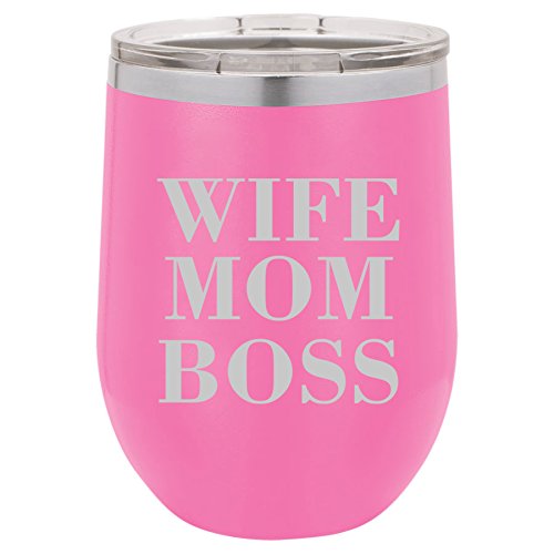 12 oz Double Wall Vacuum Insulated Stainless Steel Stemless Wine Tumbler Glass Coffee Travel Mug With Lid Wife Mom Boss (Hot-Pink)