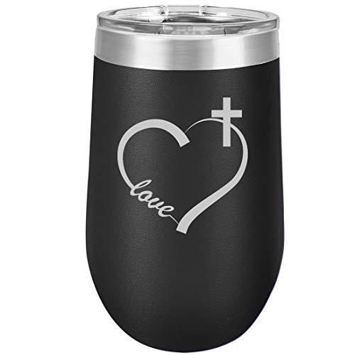 16 oz Double Wall Vacuum Insulated Stainless Steel Stemless Wine Tumbler Glass Coffee Travel Mug With Lid Love Heart Cross Christian