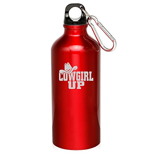 20oz Aluminum Sports Water Bottle Caribiner Clip Cowgirl Up with Hat (Red)