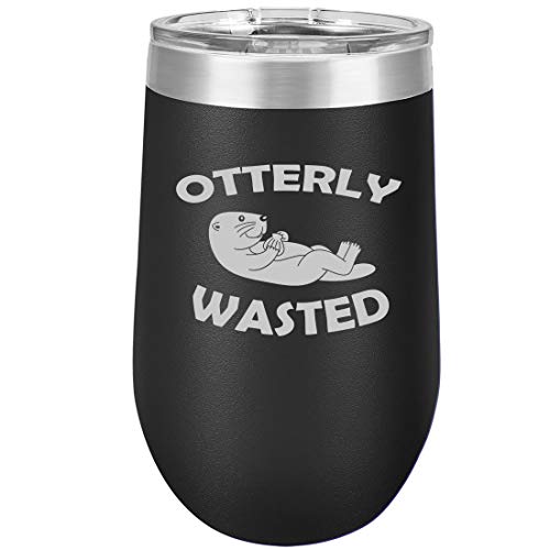 16 oz Double Wall Vacuum Insulated Stainless Steel Stemless Wine Tumbler Glass Coffee Travel Mug With Lid Otterly Wasted Otter Funny (Black)