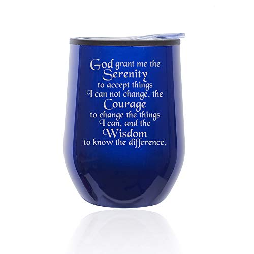 Stemless Wine Tumbler Coffee Travel Mug Glass With Lid Serenity Quote (Blue)