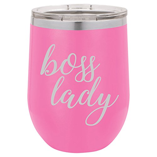 12 oz Double Wall Vacuum Insulated Stainless Steel Stemless Wine Tumbler Glass Coffee Travel Mug With Lid Boss Lady (Hot-Pink)