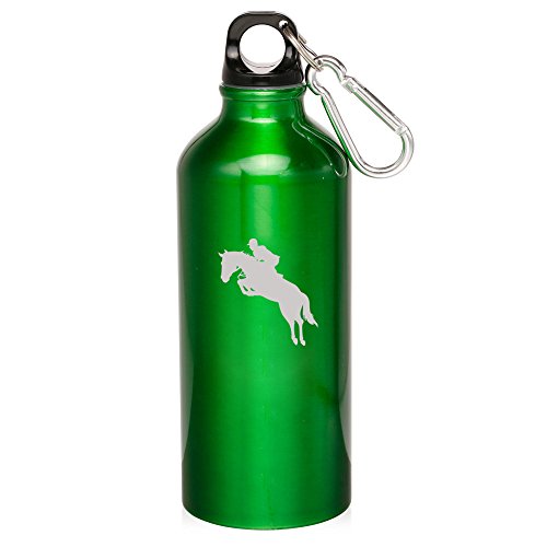 20oz Aluminum Sports Water Bottle Caribiner Clip Horse with Rider (Green)