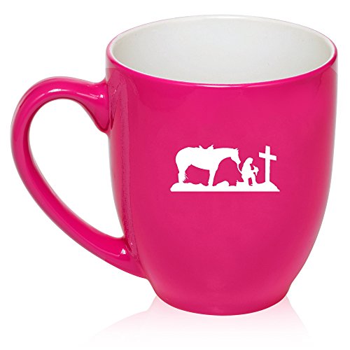 16 oz Large Bistro Mug Ceramic Coffee Tea Glass Cup Cowgirl Praying Cross Horse (Hot Pink)