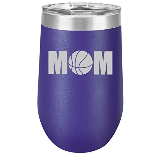 16 oz Double Wall Vacuum Insulated Stainless Steel Stemless Wine Tumbler Glass Coffee Travel Mug With Lid MOM Basketball (Purple)