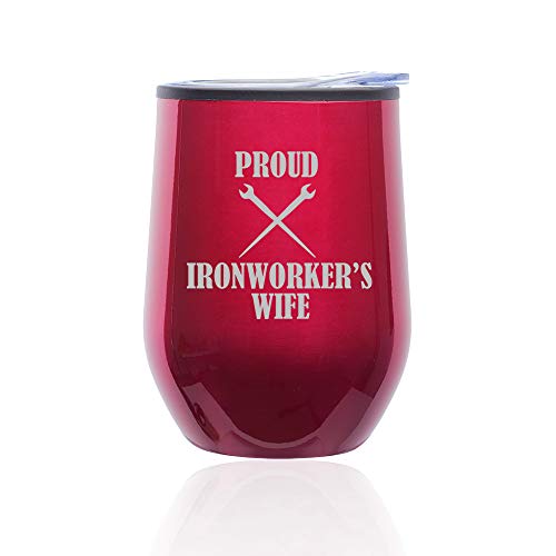 Stemless Wine Tumbler Coffee Travel Mug Glass With Lid Proud Ironworker's Wife (Fuchsia)