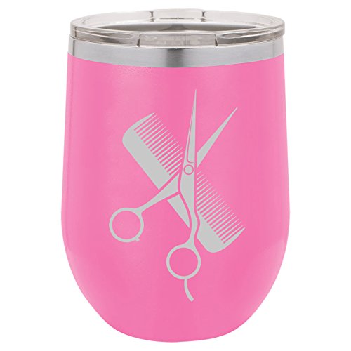 12 oz Double Wall Vacuum Insulated Stainless Steel Stemless Wine Tumbler Glass Coffee Travel Mug With Lid Hair Cutting Dresser Scissors Comb (Hot-Pink)