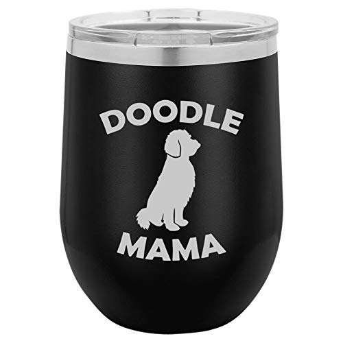 12 oz Double Wall Vacuum Insulated Stainless Steel Stemless Wine Tumbler Glass Coffee Travel Mug With Lid Doodle Mama (Black)