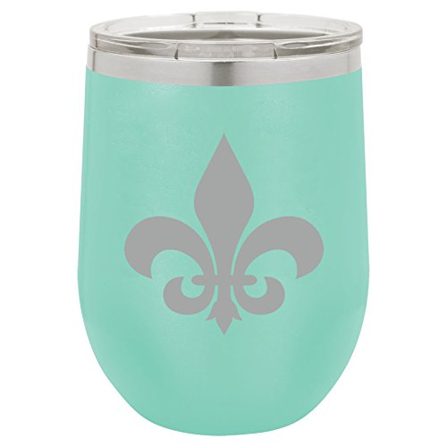 12 oz Double Wall Vacuum Insulated Stainless Steel Stemless Wine Tumbler Glass Coffee Travel Mug With Lid Fleur-De-Lis (Teal)