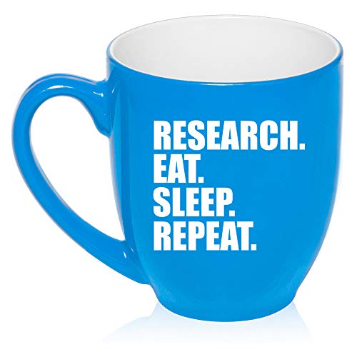 16 oz Large Bistro Mug Ceramic Coffee Tea Glass Cup Research Eat Sleep Repeat (Light-Blue)