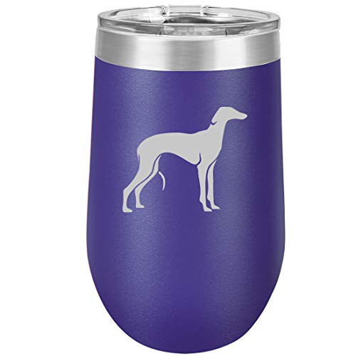 16 oz Double Wall Vacuum Insulated Stainless Steel Stemless Wine Tumbler Glass Coffee Travel Mug With Lid Greyhound (Purple)