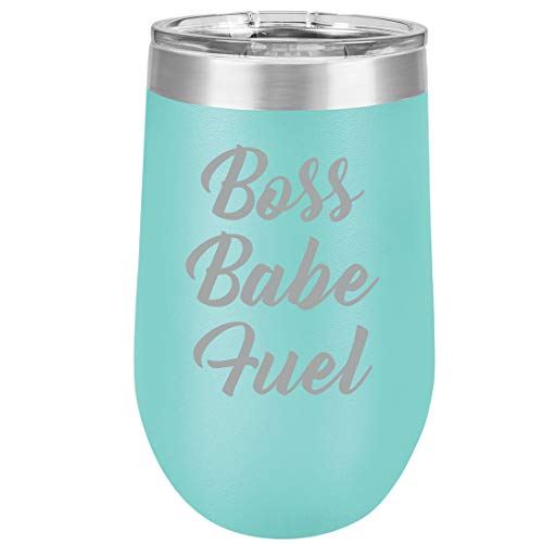 16 oz Double Wall Vacuum Insulated Stainless Steel Stemless Wine Tumbler Glass Coffee Travel Mug With Lid Boss Babe Fuel (Teal)