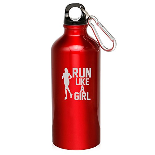 20oz Aluminum Sports Water Bottle Caribiner Clip Run Like A Girl (Red)