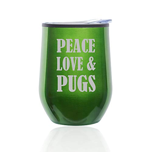 Stemless Wine Tumbler Coffee Travel Mug Glass With Lid Peace Love & Pugs (Green)