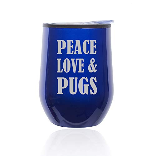 Stemless Wine Tumbler Coffee Travel Mug Glass With Lid Peace Love & Pugs (Blue)