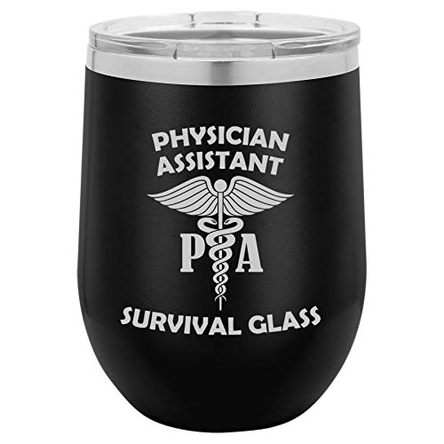 12 oz Double Wall Vacuum Insulated Stainless Steel Stemless Wine Tumbler Glass Coffee Travel Mug With Lid Physician Assistant PA Survival Glass Funny (Black)