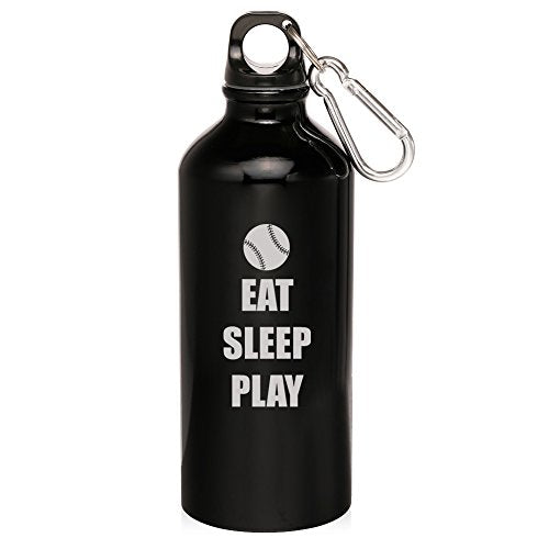 20oz Aluminum Sports Water Bottle Caribiner Clip Eat Sleep Play Baseball Softball (Black)