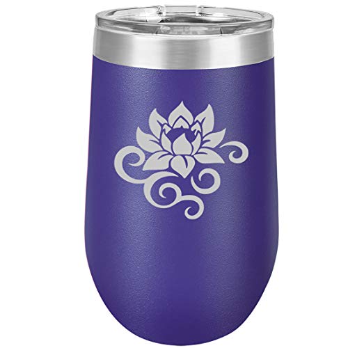 16 oz Double Wall Vacuum Insulated Stainless Steel Stemless Wine Tumbler Glass Coffee Travel Mug With Lid Lotus Flower Scroll (Purple)