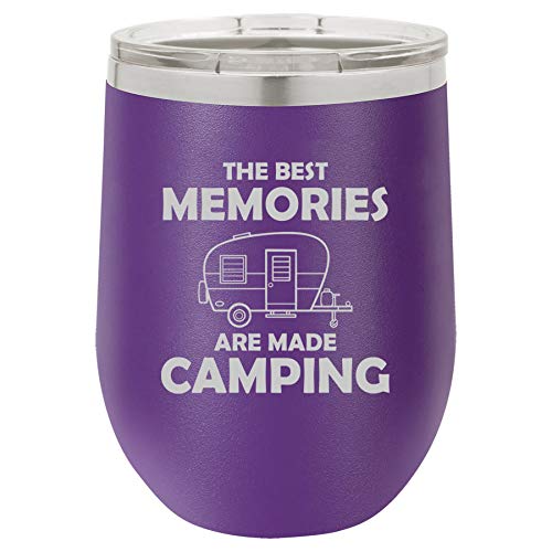 12 oz Double Wall Vacuum Insulated Stainless Steel Stemless Wine Tumbler Glass Coffee Travel Mug With Lid The Best Memories Are Made Camping (Purple)