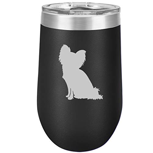 16 oz Double Wall Vacuum Insulated Stainless Steel Stemless Wine Tumbler Glass Coffee Travel Mug With Lid Papillon (Black)